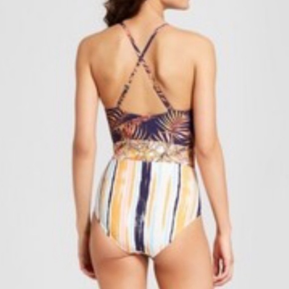 Social Angel Cut Out One Piece Cross Strap Back Floral/Stripes Navy Size Large - Picture 2 of 13